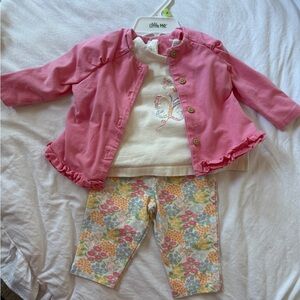 Little Me Pink Cardigan with Floral Leggings anx butterfly t-shirt